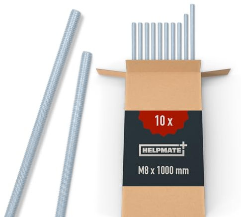 HELPMATE Tige filetée M8 x 1000 mm en acier galvanisé - Lot de 10 tiges filetées métriques entièrement filetées - Vis sans tête classe de résistance 4.8, DIN 976