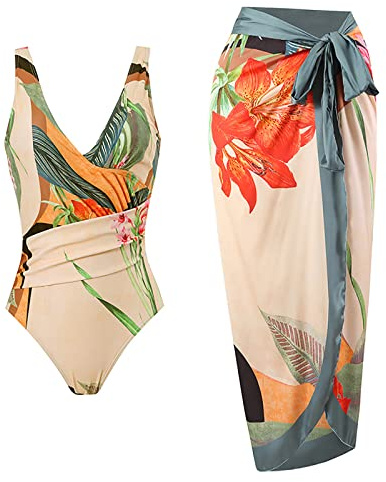 SMUXP Bikini da donna 2 pezzi con gonna lunga sarong, costume da bagno intero con gonna copricostume da bagno in chiffon, costume da bagno sarong con stampa floreale modesto costume da spiaggia