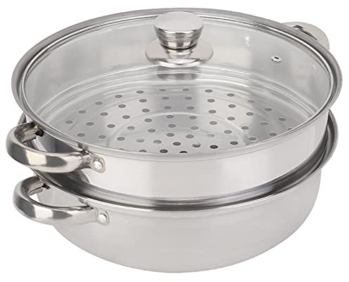 Steamed Food, Stainless Steel Pot, 2-Layer Cooker Soup Double Boiler, with Glass Lid, 27 X 27 X 19.5cm, Porous Design for Quick Heating, High Thermal Efficiency,