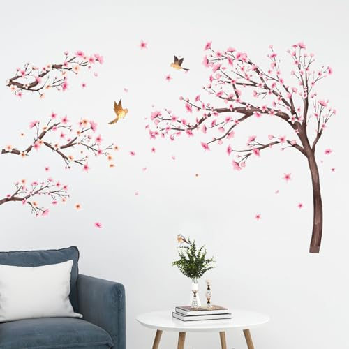 APOMOONS Wandtattoo Baum Wanddeko Groß Kirschblüte Wandaufkleber Vögel auf Ast Wandsticker Schlafzimmer Wohnzimmer Hängende Sofa Hintergrund Fenster Kirschblüten Deko Blumen Blüten Rosa 171 * 109cm