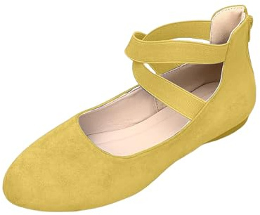 Women's Ballet Flats Pumps Ballerina Ankle Strap Womens Flat Court Shoes Wedding Evening Shoes Mary Jane Flats Party Dress Shoe Classic Pointed Toe Shoe with Low Wedge Office Work Footwear Yellow