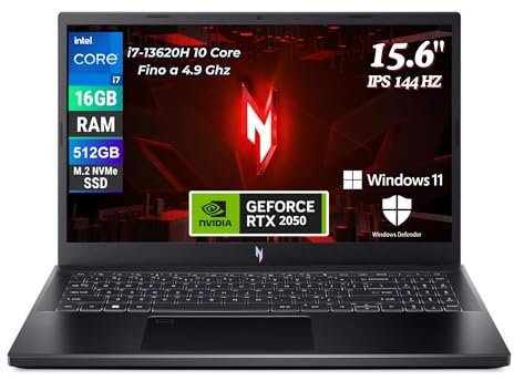 acer Nitro 5 Notebook Gaming, Processore Intel Core i7-13620H, Ram 16 GB DDR5, 512 GB PCIe SSD, Display 15.6 FHD IPS 144 Hz LCD, NVIDIA GeForce RTX 2050 4 GB, Windows 11 Pro