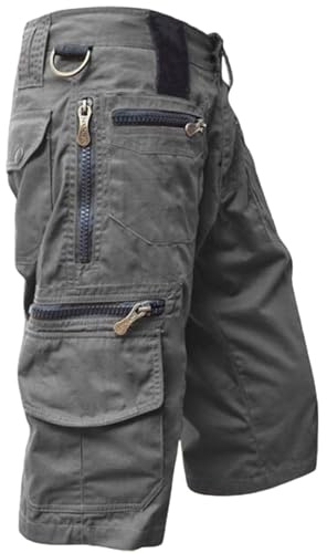 Short cargo en coton sergé pour homme, multi-poches, léger et décontracté avec poches zippées, coupe droite, pantalon de travail en plein air