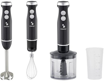 BEPER P102FRU151 Mixeur plongeant 4 en 1, mixeur multifonction avec hachoir de 500 ml, fouets, verre de 700 ml, 4 lames en acier inoxydable, mixeur turbo et pulsé, accessoires amovibles, 1000 W