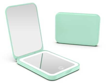 Kintion Pocket Mirror, Rechargeable 1X/3X Magnification LED Compact Travel Makeup Mirror for Purse, 3 Colors Dimmable, Folding, Handheld, Small Lighted Mirrors for Women Gifts, Cyan