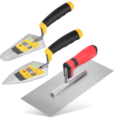 3 Pcs Masonry Tool Set, 6 Pointing Trowel & 11x4 Carbon Steel Flat Finishing Trowel with Soft Grip Handles Concrete Drywall Tile and Plastering Tools for Contractors DIY
