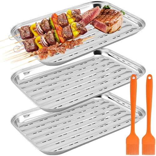 Lot de 3 bols de barbecue réutilisables avec brosse - Accessoires de barbecue réutilisables - Panier à légumes - 34,5 x 24 x 2 cm - En acier inoxydable - Pour légumes, poissons ou viandes - Pour