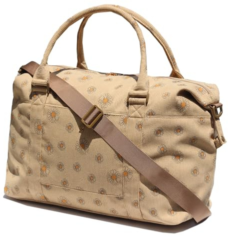 ESVAN Travel Tote Duffel Gym Bag,Weekender Overnight Carry-on Tote Crossbody Bag with Wet Pocket and Trolley Sleeve Upgraded, Corduroy Brown Flower, Fashion