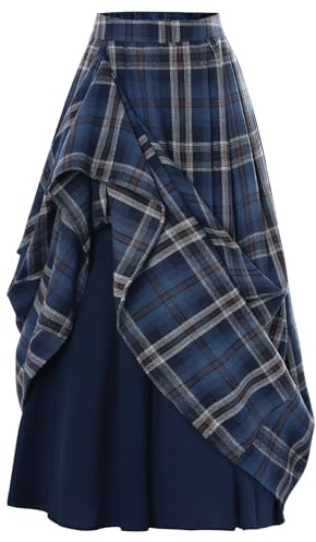 Plaid Skirts for Women High Waist Layered Long Skirt Blue Coffee Plaid L