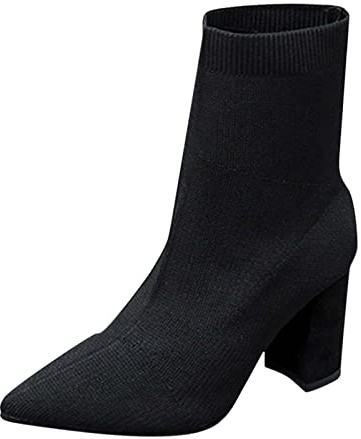 Stivaletti da donna con tacco – Stivali da calze, a maglia, con tacco a blocco, alla caviglia, con tacco alto, stivali invernali, stivali corti, Nero , 38 EU