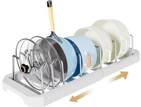 Yorbay Soporte para tapa de olla extensible para armario y cajón: ampliable organizador de sartenes con 7 compartimentos ajustables – Soporte para sartenes para cocinas, tapas de ollas y ollas, Blanco