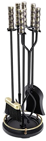 Fireplace Tool Set,Classic Style 5 Piece Fireplace Tool Set Wrought Iron Alloy Fire Pit Kit for Indoor and Outdoor Stoves Antique Hearth Tools in Silver and Black