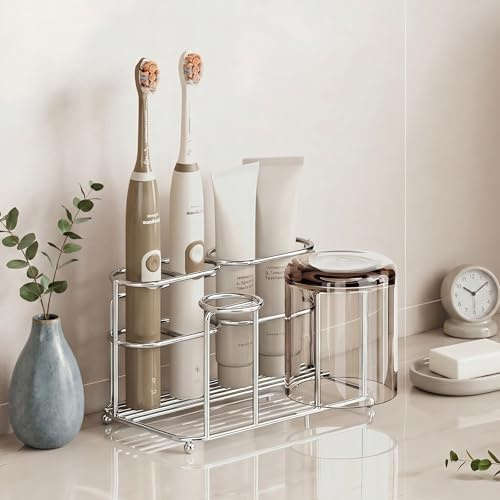 Yiomxhi Soporte Cepillos de Dientes Montado en la Pared, Porta Cepillos Dientes Eléctrico sin Taladrar Portacepillos, Porta para Pasta Taza Organizador para Baño, Plata