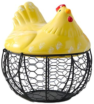 YIXANNX Sturdy Iron Ceramic Hen Ornament For Long-term In Kitchen Metal Chicken Shape Iron Basket Egg Fruit Storage Basket, yellow