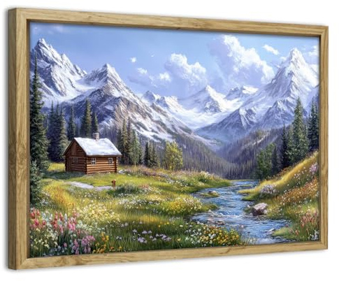 Vintage Framed Mountain Wall Art Nature Landscape Canvas Prints Alpine Cabin Scenery Wall Pictures Rustic Farmhouse Forest Wall Paintings for Bedroom Living Room Kitchen Home Decorations 30x40cm