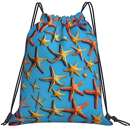 Daglig dragsko simväska blå bakgrund med många sjöstjärna tryck skolväskor bekväm gym ryggsäck för strand shopping kvinnor 36 x 42 cm