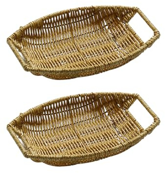 2 Pack Handwoven Poly-Wicker Oval Bread Baskets with Handles, Serving Trays | Handwoven-look pair for bread, fruit, snacks or decorative hamper displays