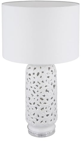 Tischleuchte Keramik weiß Beistellleuchte Textilschirm Tischlampe Wohnzimmer Modern, gemustert, E27 Fassung, DxH 40x71 cm