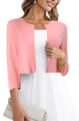 Magritta Women Cardigans Sweaters Casual Bolero Shrugs Summer Jacket Lightweight 3/4 Sleeve Open Front Cropped Short Cardigan for Dresses Coral Pink Small, 8-10
