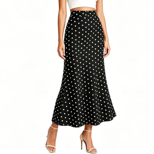 Supcomsta Women's Polka Dot Midi Skirt, High Waist Stretch A-Line Bohemian Summer Casual Ladies Midi Skirt, Soft Breathable Elastic Waist Skirts for Women UK (UK, Alpha, L, Regular, Regular, Black)