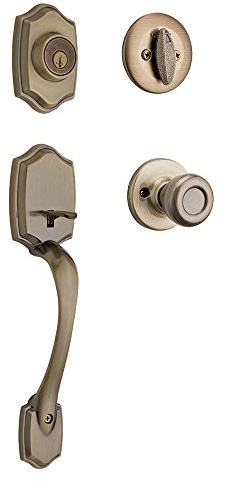 Kwikset Belleview Front Door Lock Handle and Deadbolt Set, Entry Handleset Exterior with Interior Door Knob, Antique Brass, Pick Resistant SmartKey Rekey Deadbolt Security