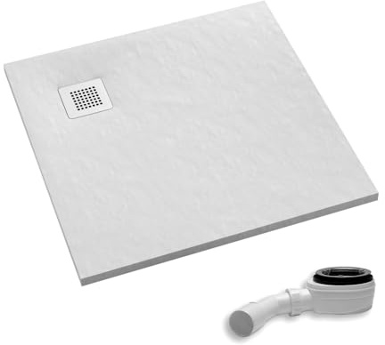 AQUABAD Duschwanne/Duschtasse Palast mit LeakProtect Technologie White Stone 90x90cm Quadrat - Blende: polierter Stahl | inkl. Ablaufgarnitur/Siphon