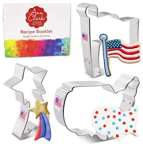 Ann Clark 3-Pc Fourth of July Cookie Cutter Set (Flag, Shooting Star, USA Map), Made in USA