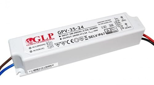 GLP Transformador profesional LED 36 V, DC, 1 A, 36 W, resistente al agua IP67, voltaje constante TÜV, MM, SELV, CE. Formas de protección: protección de cortocircuito, de tensión y sobrecarga