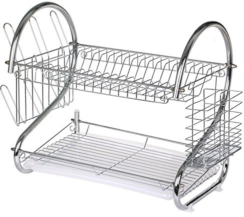 TRIXES Égouttoir à Vaisselle 2 Niveaux – Chromé | Égouttoir compact avec porte-couverts amovible – Accessoire de cuisine pratique
