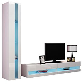 Wohnwand Vigo New VIII, Design Mediawand, Modernes Wohnzimmer Set, Anbauwand, Hängeschrank TV Lowboard, Vitrine (ohne Beleuchtung, Weiß/Weiß Hochglanz)