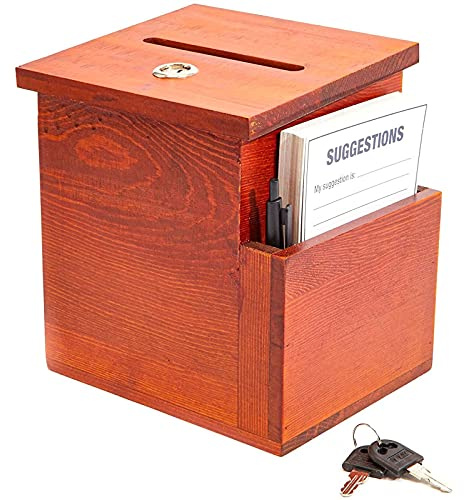 Juvale Wooden Suggestion Box with Slot - Secure Money Drop - Raffle Box for Events - 7.5 x 7.1 x 5.5 in, Brown, 50 Blank Cards & Pen