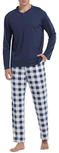 Vlazom Ensemble Pyjama Homme Hiver Col Rond - Haut à Manches Longues et Pantalon à Carreaux