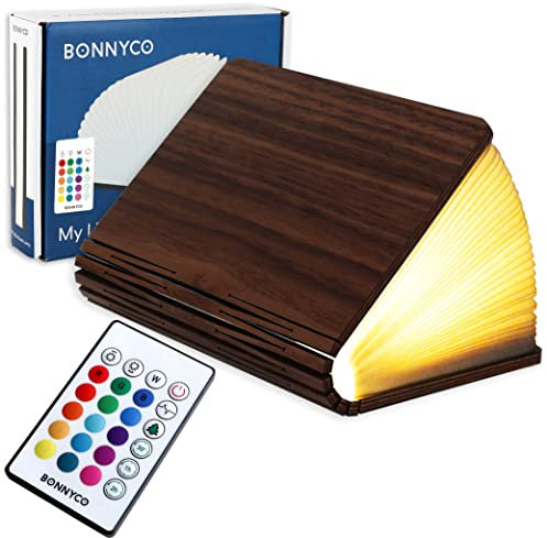 BONNYCO Lampada Libro Led Pieghevole in Legno con Telecomando 16 Colori e Timer. Lampada Libro Decorazioni Casa, Camera da Letto e Ufficio. Idea Regalo Originale, Donna, Uomo per Compleanno Natale