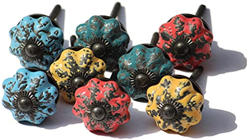 owlKraft Set mit 8 kleinen Keramikknäufen (3,8 cm), bunt, Kürbisform, Vintage-Design, Schrankknäufe, Schubladenknäufe, Schrankgriffe, Türknäufe