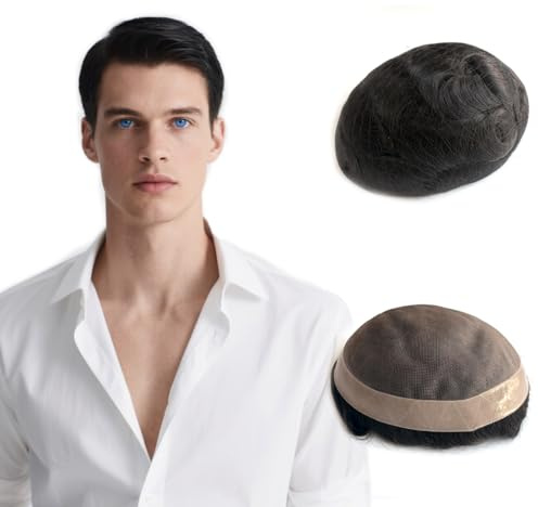 Hywel Toupee for Men with 100% Real Human Hair, Mono Top with Poly Coating Around Cap Mens Wig, Natural Wave Hair Pieces Replacement for Men System Off Black #1B (6 * 9 Inches)