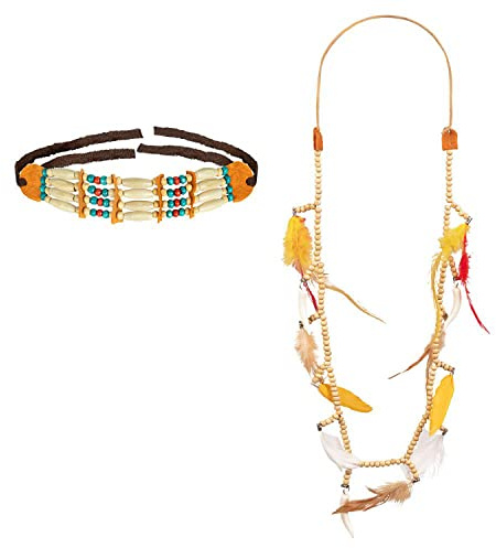 Boland - Indianer Set Hopi mit Perlen und Federn, 2-teilig | Choker und Halskette für Western Kostüm, Karneval und Mottoparty, Häuptling
