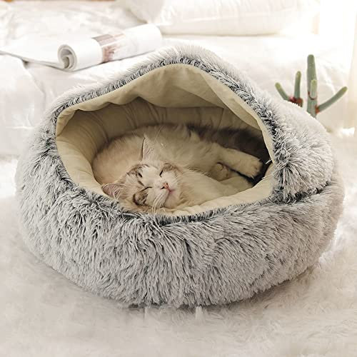 Rundes flauschiges Katzenbett, Katzenhöhle, Katzenzelt, mehrere Größen, selbstwärmend, für Kätzchen und Welpen, kleine Hunde, rutschfest, mit Kapuze, 60 cm, Grau