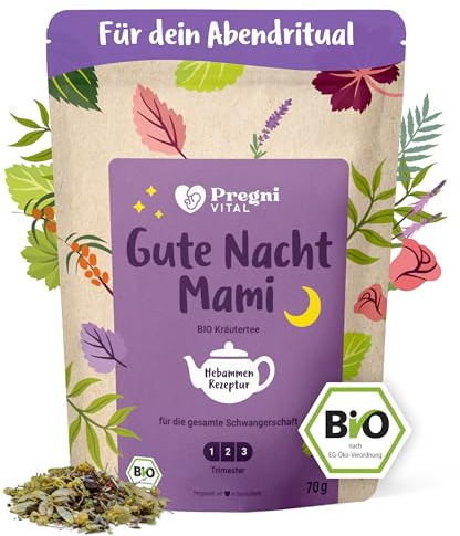 PregniVITAL Gute Nacht Mami – BIO Abendtee, speziell für schwangere Frauen – Schwangerschaftstee 1. 2. 3. Trimester – Vor dem Schlafengehen mit Hopfen und Lavendel – 70 g lose Kräuter