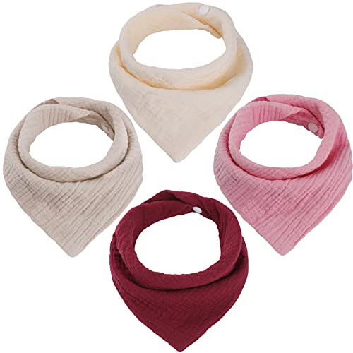 WD&CD 4 Stück Baby Dreieckstuch Lätzchen, Doppellagig Weiche & Absorbierende Musselin Halstüch Sabberlätzche mit 2 Verstellbares Druckknopf