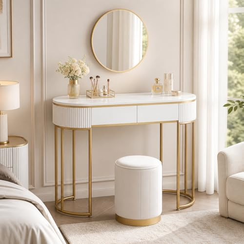 Makika Sminkbord med Pall och Spegel - Makeup Hårstyling Kosmetisk byrå Guld Ram Organizer - Sminkning, styling och hårfixande Smyckeförvaring 2 lådorna Möbel Sovrum Omklädningsrum Skrivbord - LENA