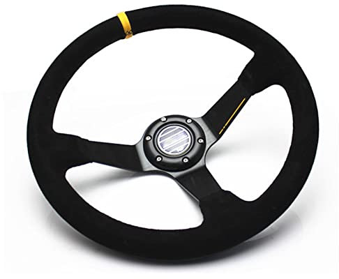 Sportlenkrad 350mm Wildleder Racing Lenkrad Universal Gelb Rosa Streifen Auto Sport Lenkrad Aluminiumrahmen mit Logo SportlenkräDer (Color : YELLOW)