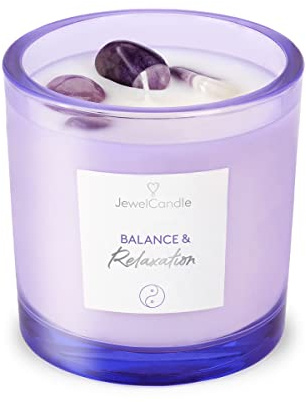 JuwelKerze Edelstein Kerze Balance & Relaxation - 60 Std - Kerze mit Amethyst Stein - große Duftkerze mit Würzigem und Orientalischem Duft - Geschenke für Frauen, Geburtstag