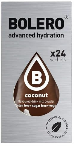 Bolero Bebida 24 bolsitas 3 gr Sticks Frutas Preparado Polvo Soluble Para Bebida Fresca en Agua Producto, 72 gramos endulzado con stevia (Coconut)