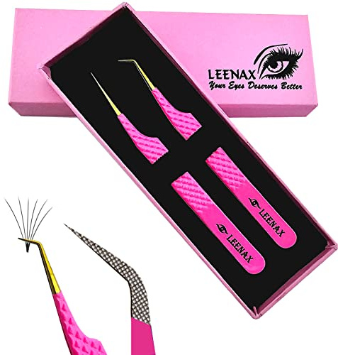 Leenax 2 delar fiberspets (halkfri) ögonfransförlängningspincett, rak och 45 graders volympincett, japanskt rostfritt stål (rosa)