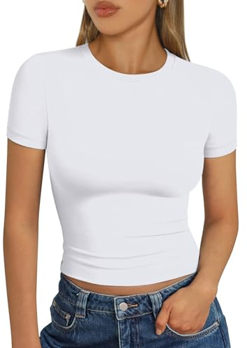 Trendy Queen Womens Short Sleeve T Shirts - Buttery Soft Summer Crop Tops Slim Fit Y2k Basic Tees for Workout White XS