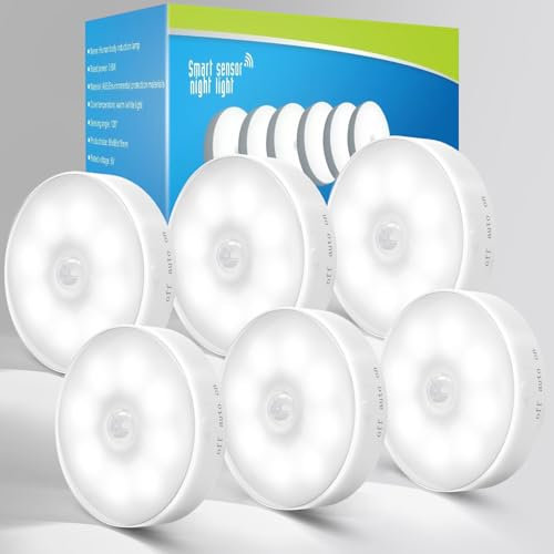 KALAHOL Motion Sensor Lights Indoor, 6 Pack Cupboard Light, Stair Lights Night Light, 3 Modes USB Charging Wall, Magnetic for Kitchen Stair Closet Under Cabinet