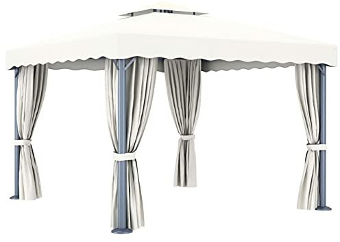 Keketa Outdoor Gartenpavillon, 2-stöckiger Dachpavillon mit Vorhang und LED-Lichterkette, Outdoor Gartenmuschel mit Moskitonetz für Terrasse, Hinterhof und Rasen Wasserdicht 3x3m Cremeweiß
