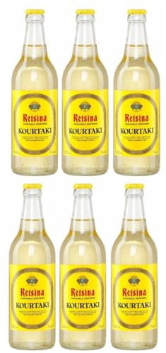 Retsina Kourtaki 6x 0,5l Flasche | Geharzter Weißwein aus Griechenland | Sommerliche Erfrischung | 11% Vol. | +20ml Jassas Olivenöl