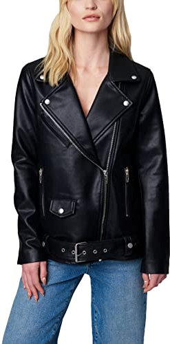 [BLANKNYC] Lange entspannte Damen-Motorradjacke aus veganem Leder, Anfänger-Glück, XS