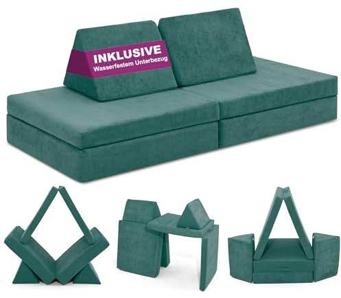Linodino® Spielsofa | Kindersofa aus Schaumstoff Softbausteine - Kindercouch & Kuschelecke im Kinderzimmer | Stapelsteine für Kinder | Oeko-TEX 100 Zertifiziert | Urwald Grün